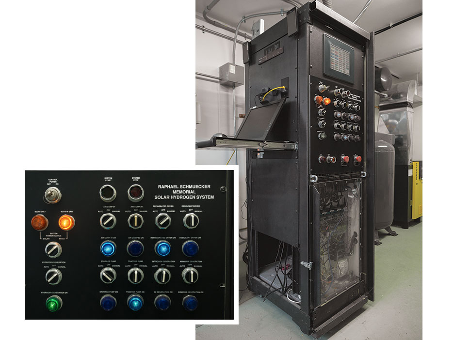 The controls and instrumentation assembly is located in the main system building. It controls the operation of the hydrogen and nitrogen generators, air compressors, air purification hardware; hydrogen, nitrogen, and mixed gas pumps, ammonia generation, and tractor hydrogen fueling. A display panel that shows system performance information can be monitored via the Internet.