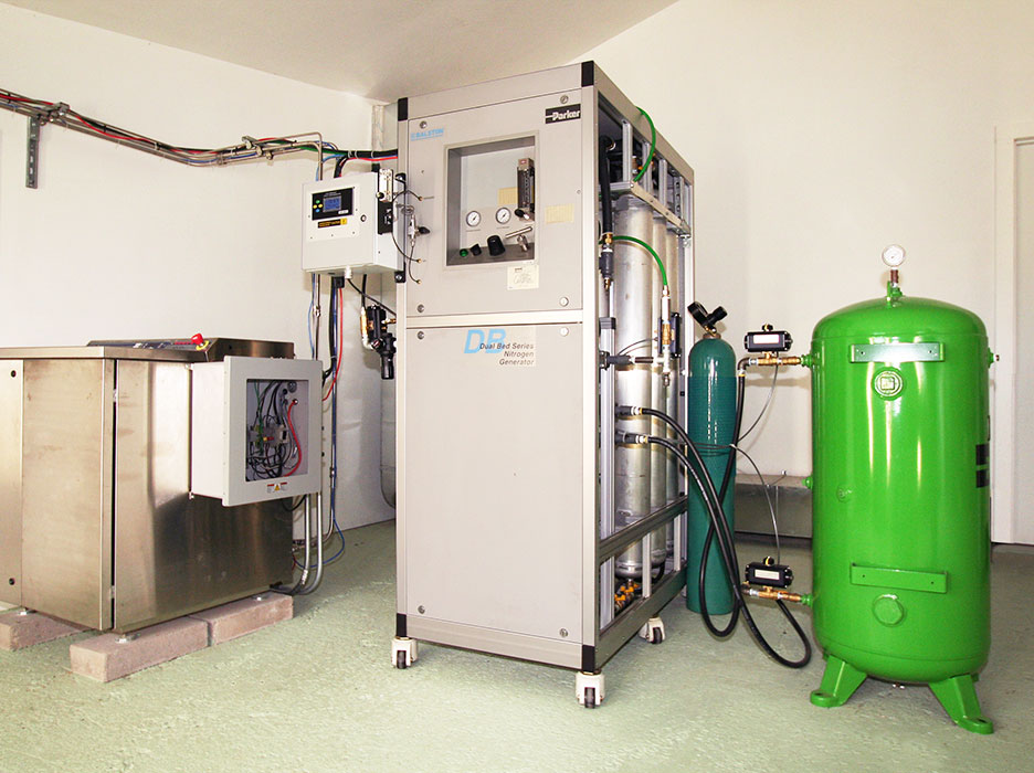 A hydrogen generator uses electrical power to break down water into hydrogen and oxygen gases using a proton exchange membrane. A nitrogen generator and associated surge tank uses a dual bed Pressure Swing Absorption unit to make 99.995% pure nitrogen. The hydrogen flows to the hydrogen storage tank, and the nitrogen is pumped into the nitrogen storage tank. The oxygen is vented to the atmosphere.